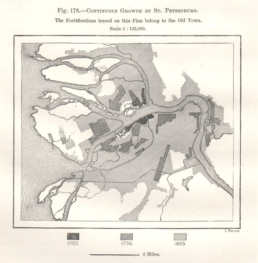 Growth of St Petersburg 1705-1865. Russia. Sketch map 1885 old antique